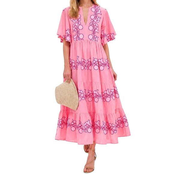 Oliphant Dresses & Skirts - NWT OLIPHANT Pink Appliqué Floral Flirty Tangier V-Neck Tuckernuck Maxi Dress XS